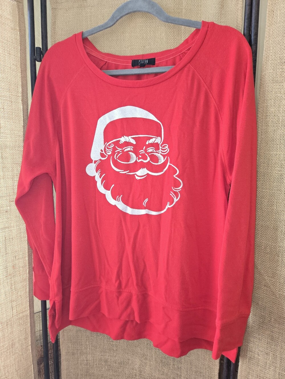Red Women's Santa Claus Graphic Modern Canvas High Low Long Sleeve Top XL